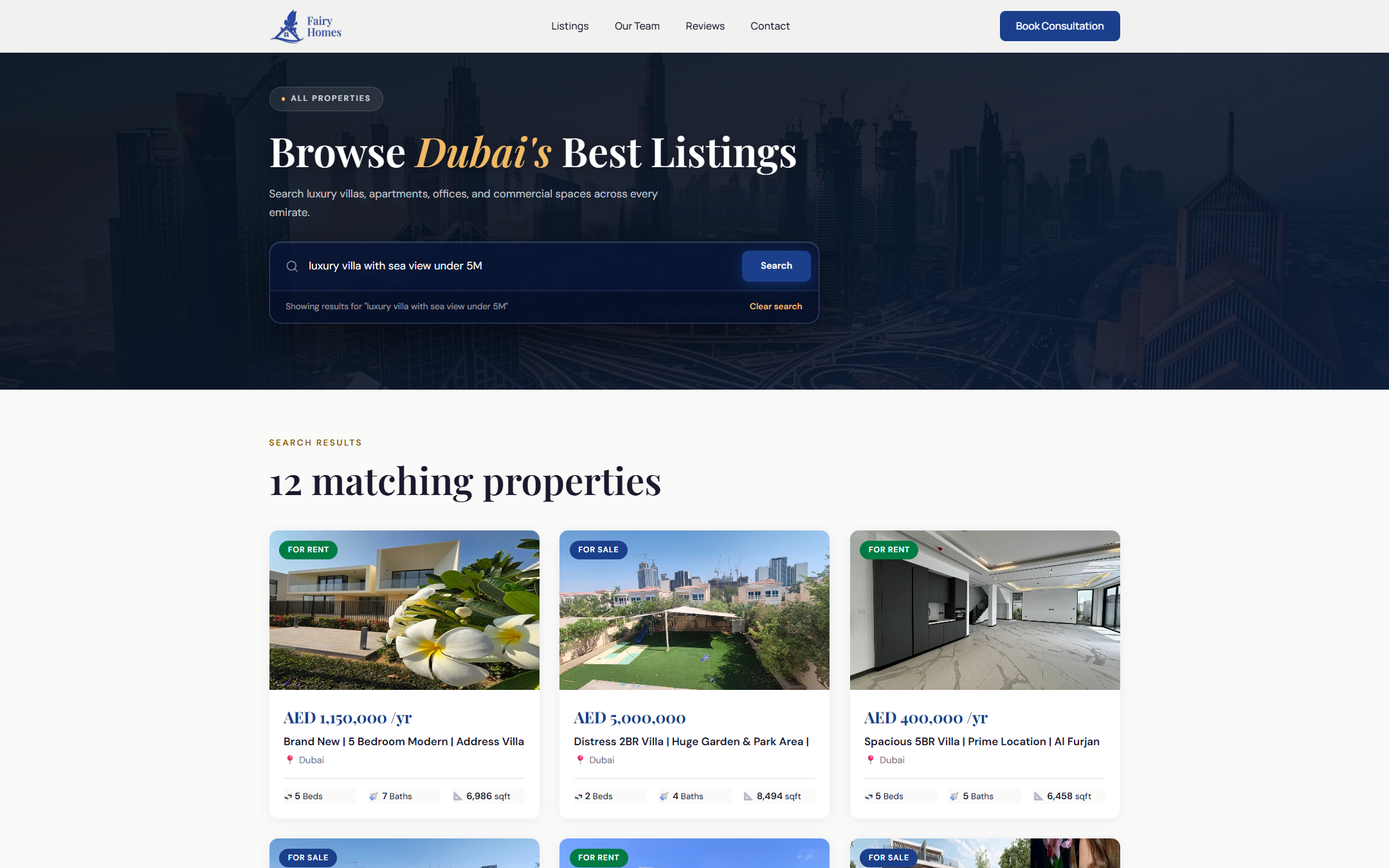 FairyHomes listings — natural-language search for 'luxury villa with sea view under 5M'