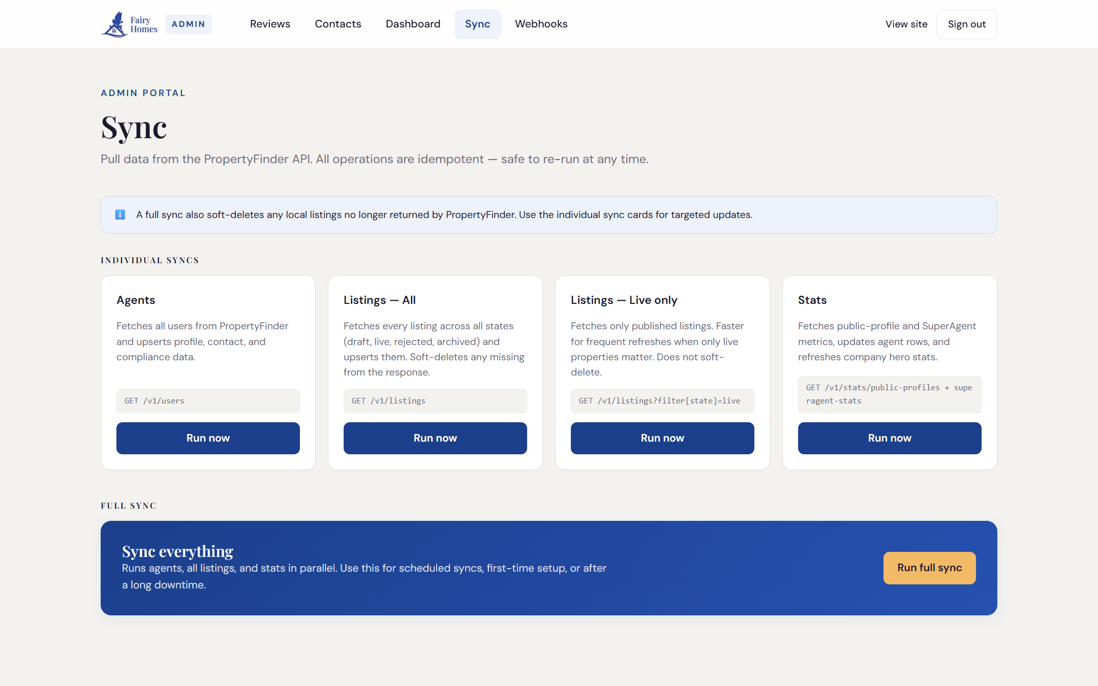 FairyHomes admin portal — one-click PropertyFinder sync controls
