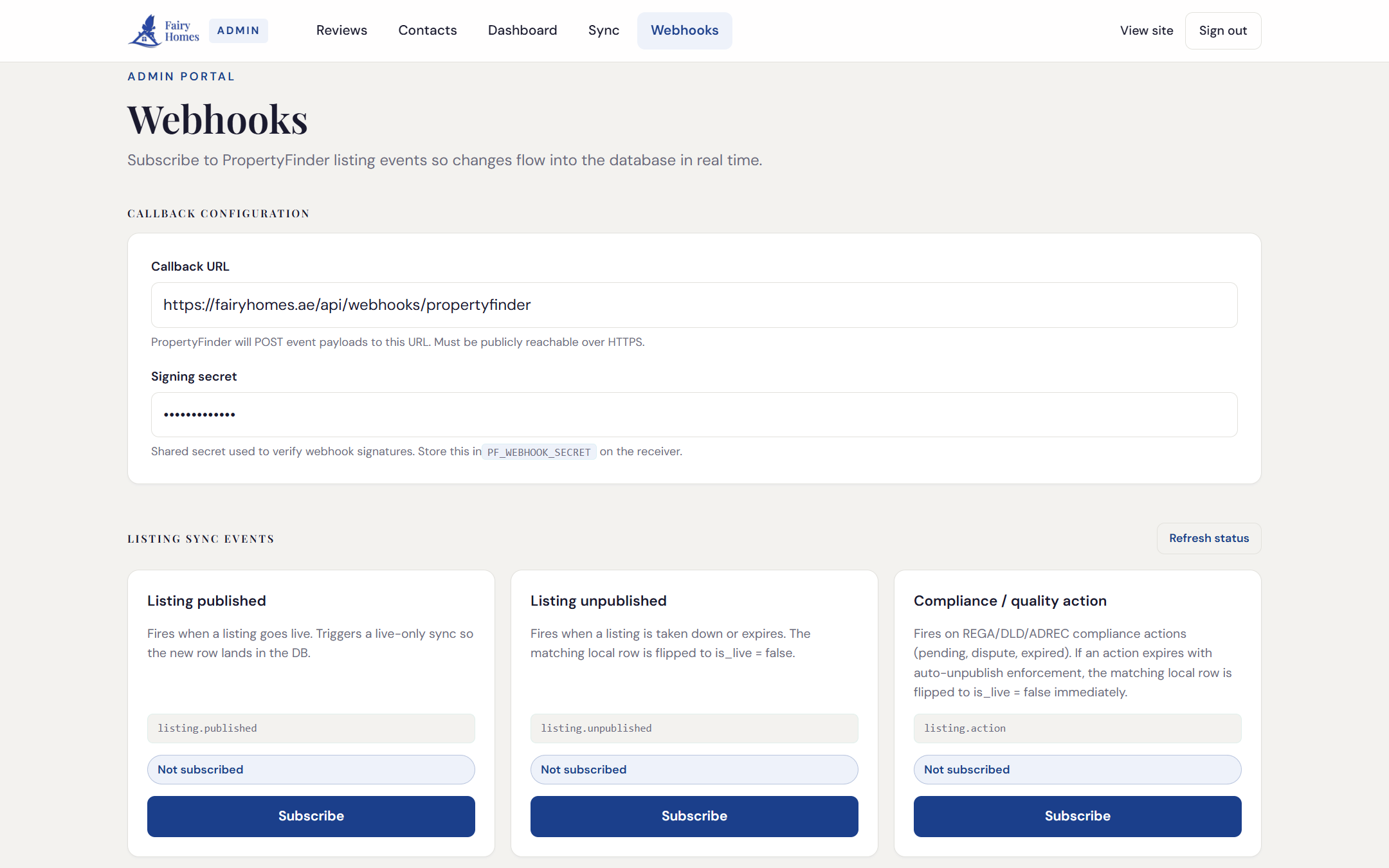 FairyHomes admin portal — PropertyFinder webhook subscriptions