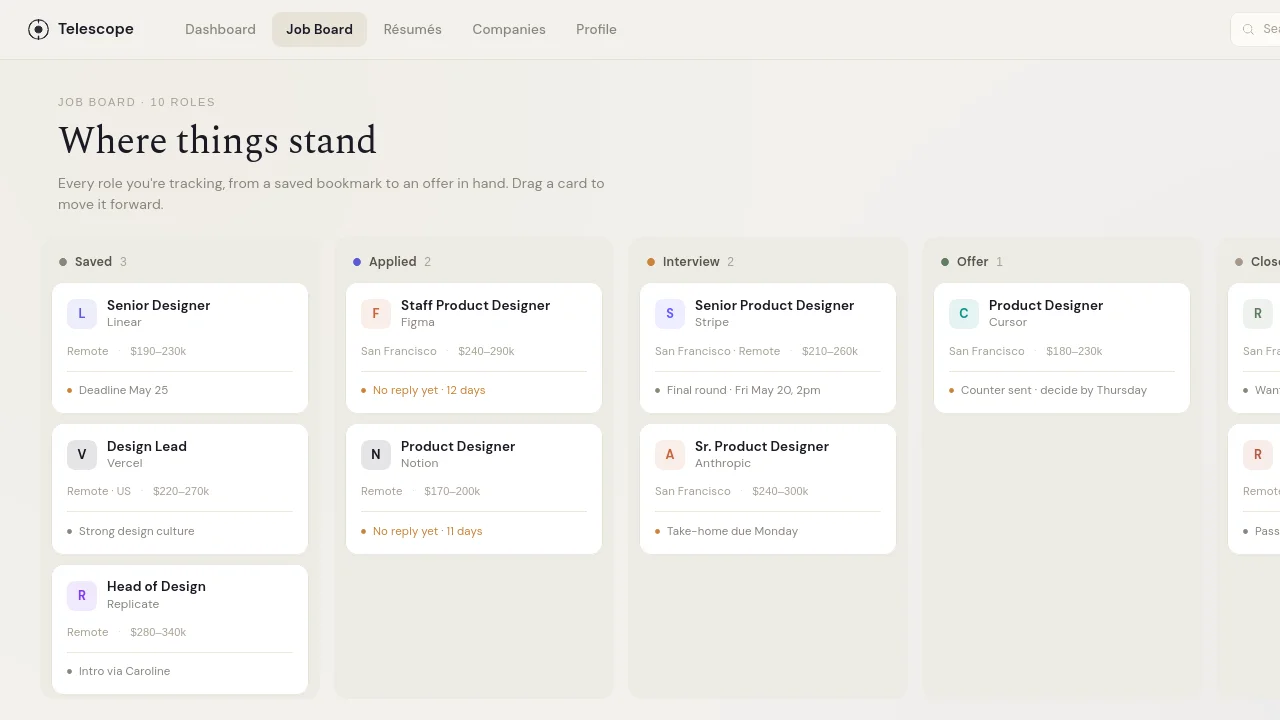 Telescope job board — Kanban from Saved to Offer