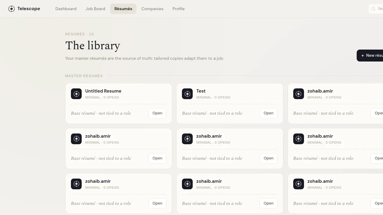 Telescope résumé library — master résumés and tailored copies with match scores